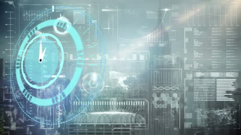 Futuristic Digital Interface with Clock Overlay on Cityscape