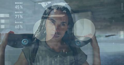 Confident skateboarder standing with digital infographic overlay