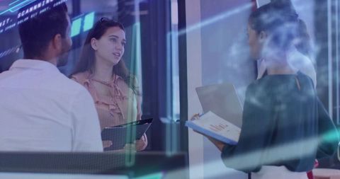 Executives Discussing Ideas in Modern Office with Digital Overlays