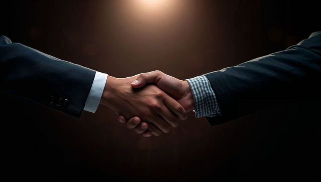 Business executives shaking hands under spotlight conveying trust partnership agreement