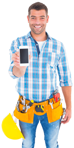 smiling handyman showing transparent mobile screen toolbelt - Download Free Stock Videos Pikwizard.com