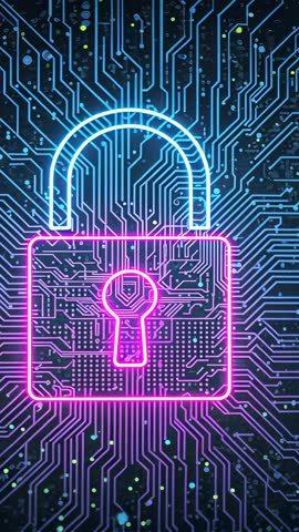 Neon Padlock Protecting Circuit Board in Vertical Cybersecurity with Futuristic Data Glow