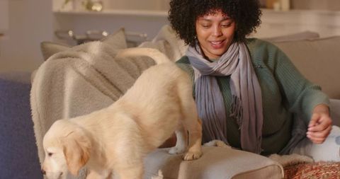 Smiling woman playing with golden retriever puppy on cozy living room sofa