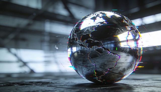 Rotating reflective globe emitting digital glitches over industrial tiled floor