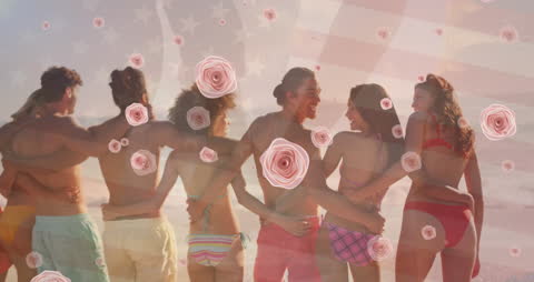 Multiethnic Friends Embracing at Beach with Flag Overlay