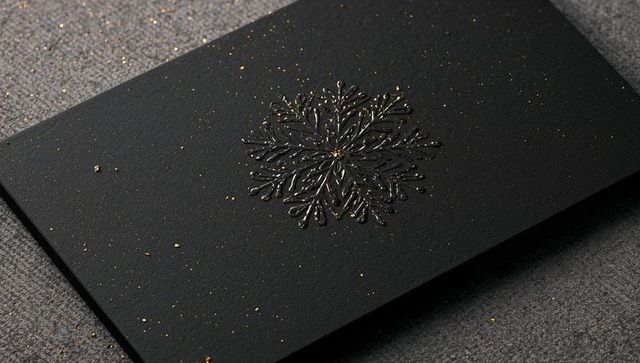 Black matte invitation showing embossed snowflake with gold foil accent