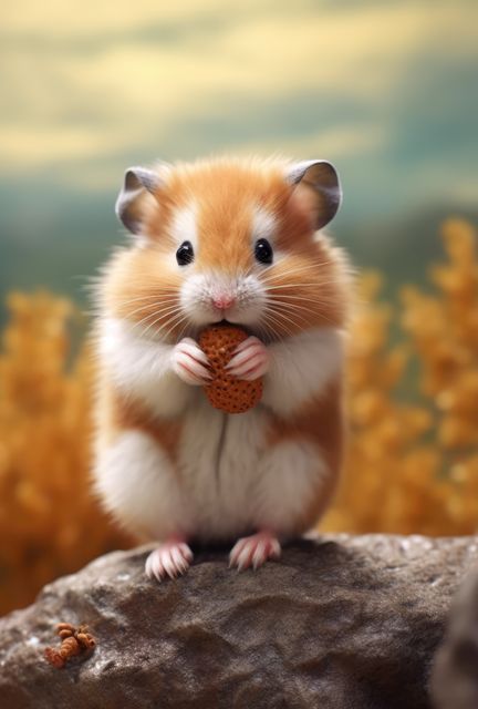 Close up of cute hamster holding food on blurred background, created using generative ai technology. Pet, animal and rodent concept digitally generated image.