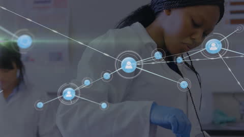 Scientist Analyzing Blood with Digital Network Overlay