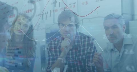 Business team analyzing market data with transparent charts and candlestick overlays