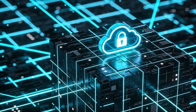 Glowing neon cloud padlock hovering over modular data cube representing cybersecurity
