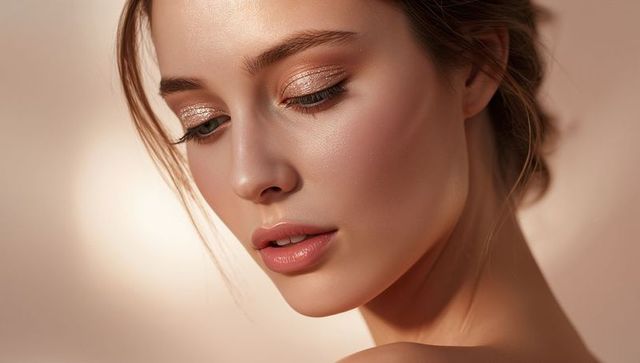 Beauty close-up of woman with dewy skin, rose-gold shimmer eyeshadow and glossy lips