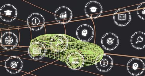 Neon wireframe car floating on virtual grid with hud data icons visualizing mobility