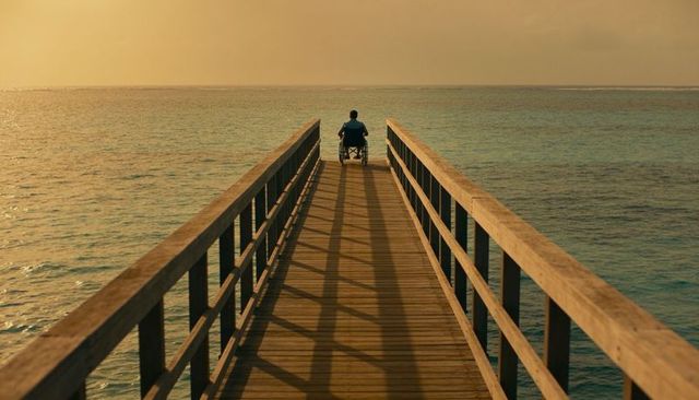 Man in wheelchair sitting on wooden pier contemplating ocean horizon at golden hour
