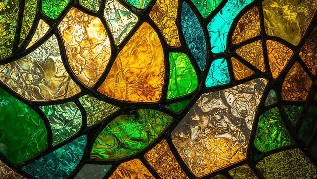 Vibrant stained glass panel with intricate patterns and textures