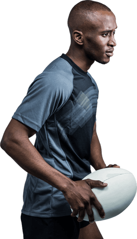 Transparent Athlete Holding Rugby Ball in Ready Position
