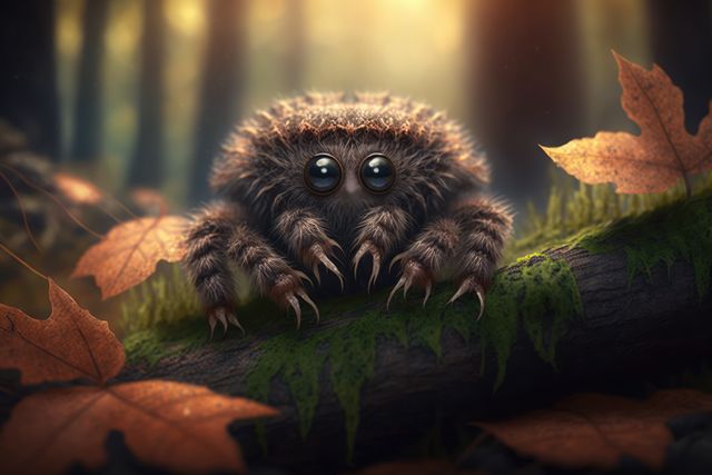Illustration of a cute, furry spider with big eyes perched on a mossy log surrounded by autumn leaves in a tranquil forest scene. Perfect for fantasy illustrations, children’s book illustrations, nature-themed designs, and decorative prints.