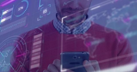 Man holding smartphone viewing augmented analytics overlay with neon HUD and world map