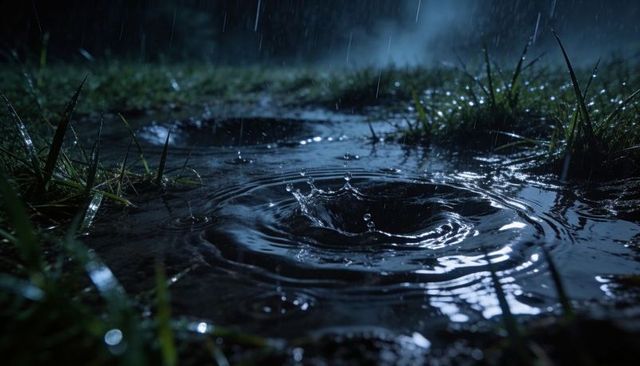 Nocturnal rain creating rippling puddle with dramatic water splash on wet grass and mist