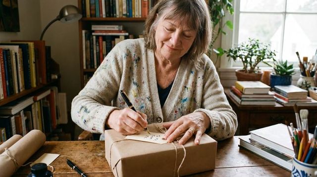 Senior artisan woman writing gift tag on kraft-wrapped parcel in cozy home studio