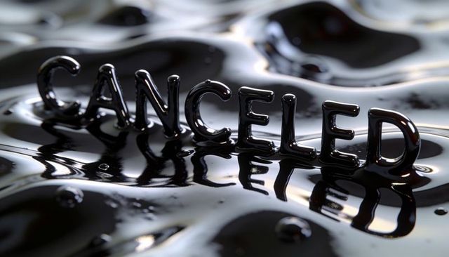 Canceled typography floating on glossy black oil with reflections and droplets