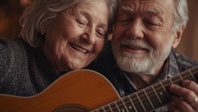 Senior couple playing guitar and sharing warm smile in cozy home embrace