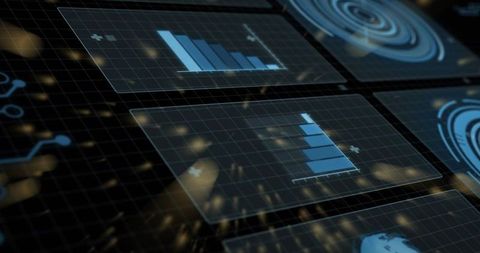 Futuristic Holographic Dashboard Displaying Blue Bar Charts and Radar Interfaces