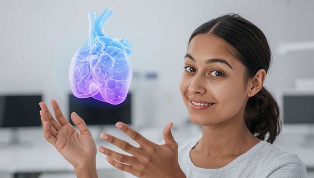 Woman interacting with holographic heart in medical lab demonstrating cardiology tech