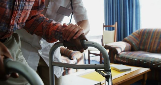 Nurse Assisting Senior Man with Walker in Living Room - Download Free Stock Images Pikwizard.com