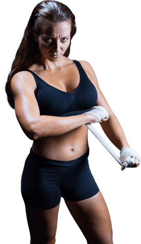 Confident Female Boxer Preparing Hand Wrap with Transparent Background