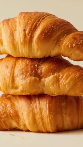 Vertical video showcasing stacked glossy butter croissants, flaky lamination, golden glaze