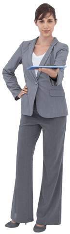Confident businesswoman holding tablet in formals, transparent background
