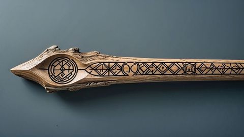 Engraved wooden staff with geometric designs on solid background