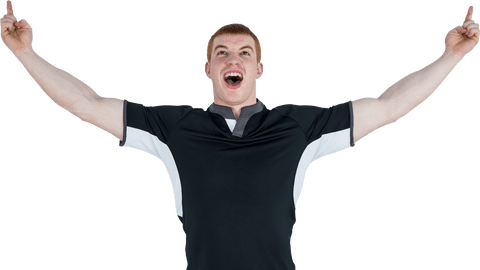 Rugby Player Celebrating Victory with Cheerful Expression Transparent