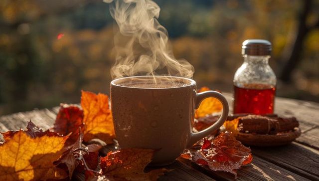 Steaming Ceramic Mug on Rustic Picnic Table with Autumn Leaves and Maple Syrup Bottle