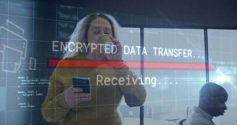 Businesswoman with Smartphone and Coffee Overlaid with Data Transfer Graphic