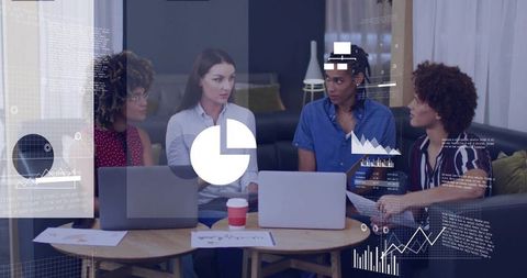 Diverse team collaborating on data visualization with laptops and AR overlays