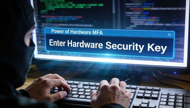 Masked hacker typing at dark workstation prompting enter hardware security key alert