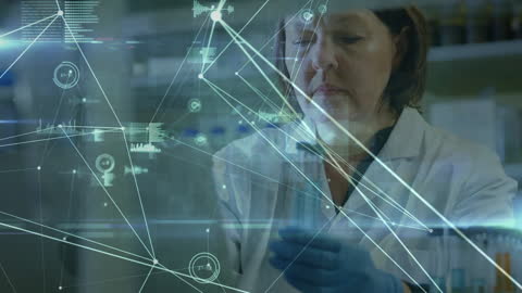Senior Scientist Analyzing Laboratory Samples with Digital Network Overlay