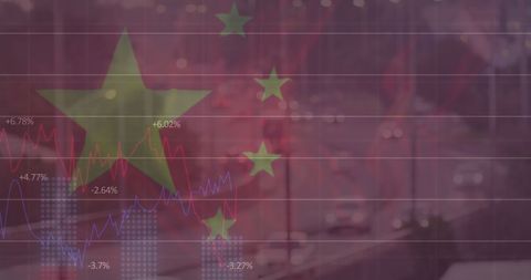 China flag with financial graphs overlaying cityscape