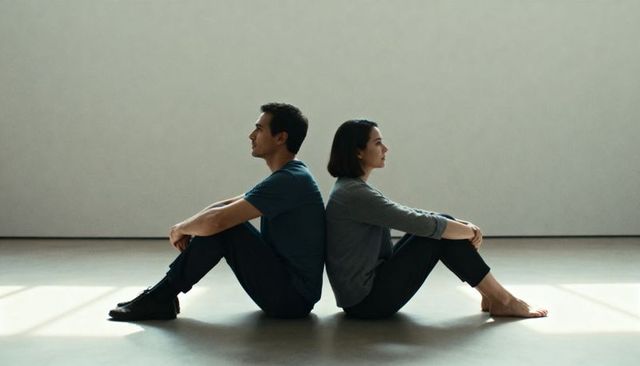 Couple sitting back-to-back in minimalist interior conveying distance, reflection and solitude