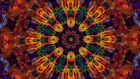 Radiant kaleidoscopic mandala with glass-facet petals and ornate fractal symmetry