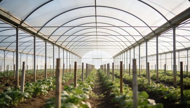 Sunlit polytunnel greenhouse arched hoops with central aisle and organized crop rows