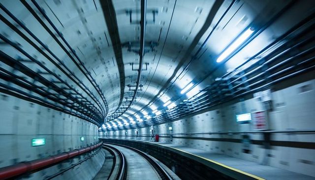 Curving underground metro tunnel with lit vaulted ceiling, parallel cables and platform