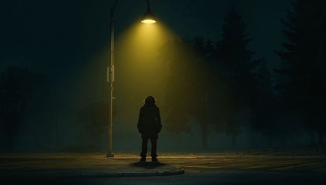 Lonely Figure in Hood beneath Streetlamp at Night