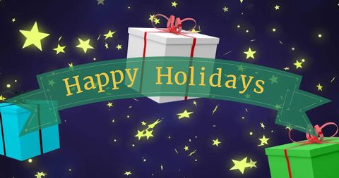 Happy holidays banner with floating christmas gifts and stars