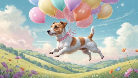Playful terrier flying with balloons over meadow landscape