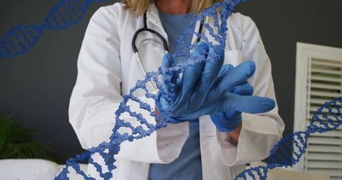 Female doctor donning blue gloves preparing for genetic exam with dna double helix overlay