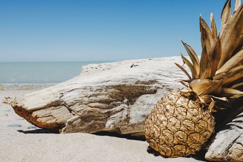 Golden Pineapple Resting on Driftwood at Sunny Beach with Turquoise Sea