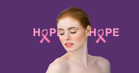 Serene Woman and Breast Cancer Awareness Concept on Purple