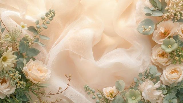 Framing Peach Chiffon Resting on Muslin with Pastel Roses and Eucalyptus Wedding Flatlay